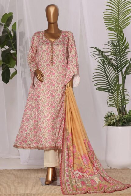 Bin Saeed Stitched 3 Piece Printed Lawn Frock Vol-03 Suit-LSM-3120-Off White